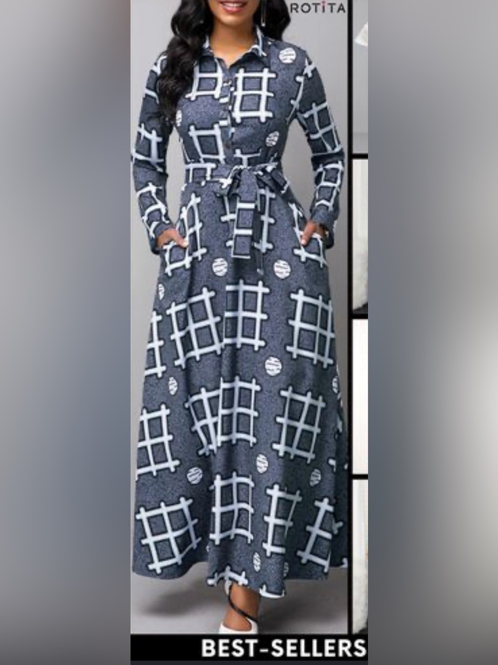 Long Sleeve Navy & White Geometric Maxi Dress